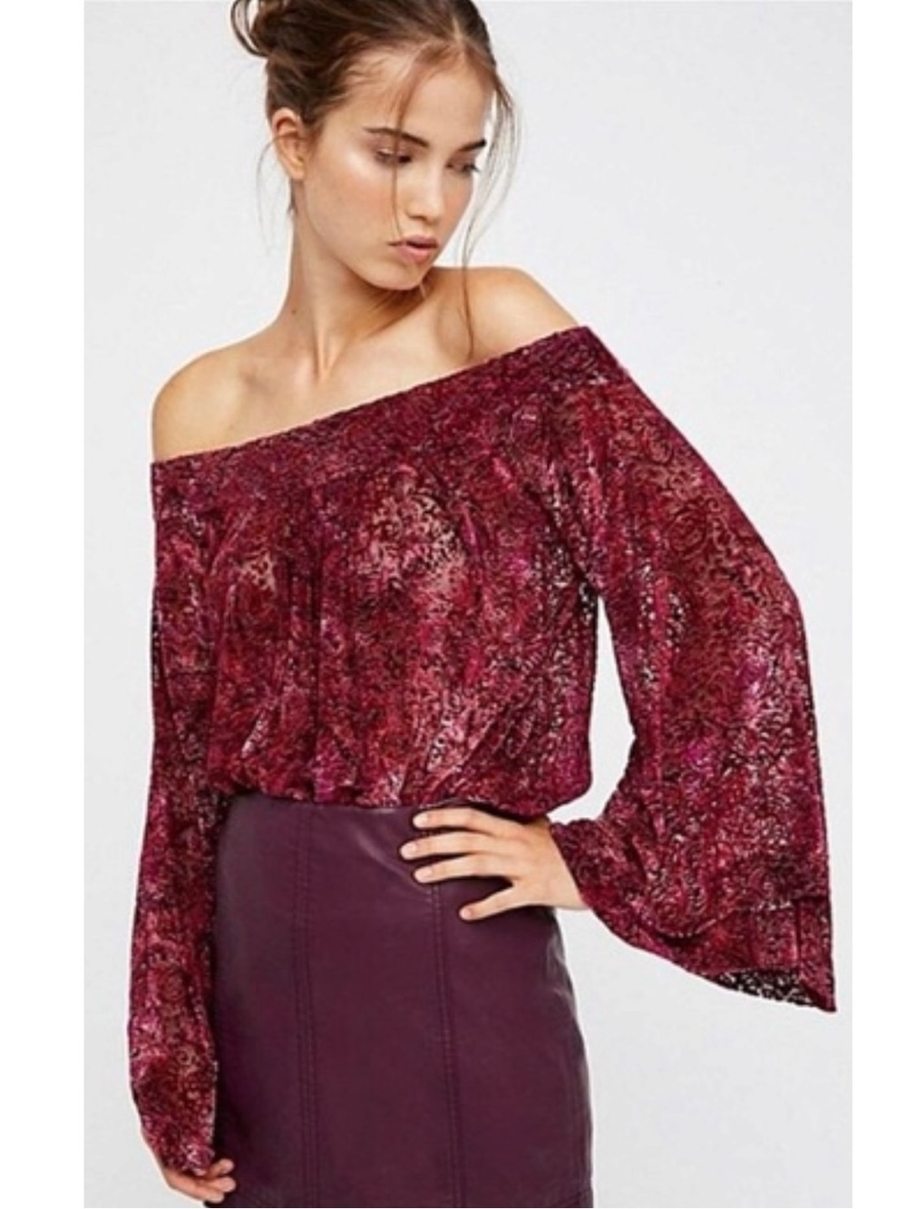 Free People Velvet Devore Sheer Burnout Off Shoulder Bohemian Witchy Top Small